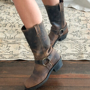 Frye Vintage Brown Leather Square Toe Harness Boot Size 8.5 Y2K 2000's